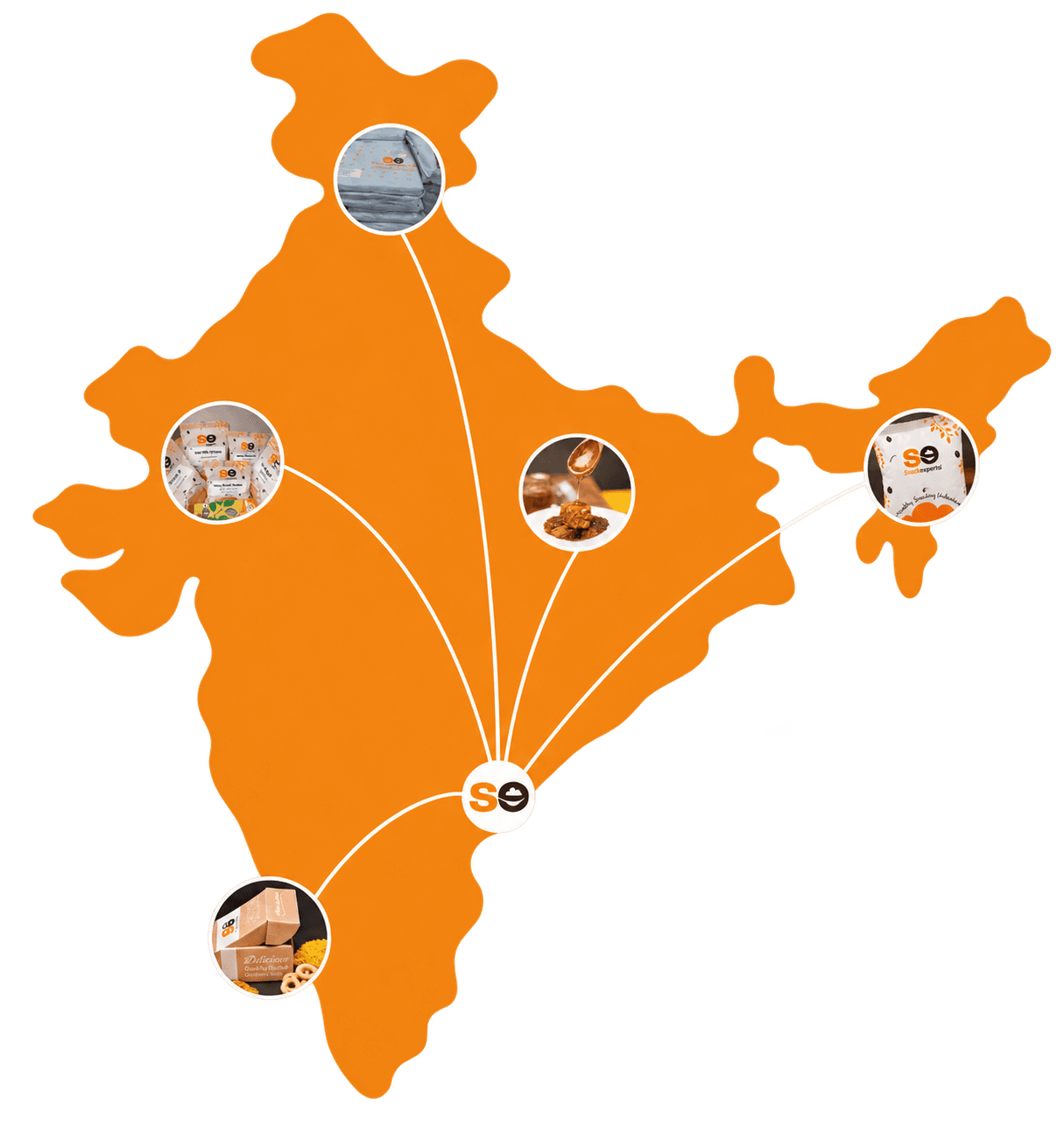 Map of India showing Snackexperts deliveries reaching cities across the country
